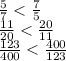 \frac{5}{7} < \frac{7}{5} \\ \frac{11}{20} < \frac{20}{11} \\ \frac{123}{400} < \frac{400}{123}