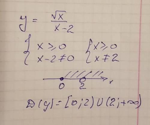 Найти область определения функции y=√x/x-2 пожойлуста