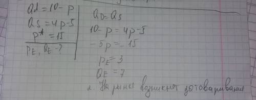 Спрос на масло задан функцией qd = 10 – p, а предложение задано функцией qs = 4p – 5, где р-цена мас