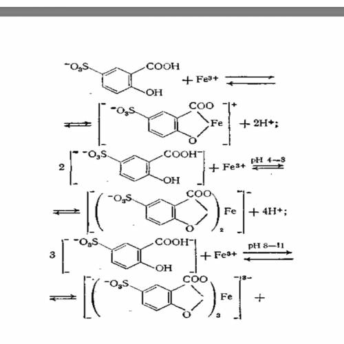 Лабораторная : определение железа с сульфосалициловой кислотой : нужно расписать 2 формулы : fe+3 +