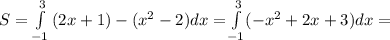 S = \int\limits_{- 1}^3 {(2x + 1) - ({x^2} - 2)dx =} \int\limits_{-1}^3 (-{x^2} + 2x + 3)dx =