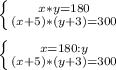 \left \{ {{x*y=180} \atop {(x+5)*(y+3)=300}} \right. \\ \\\left \{ {{x=180:y} \atop {(x+5)*(y+3)=300}} \right.