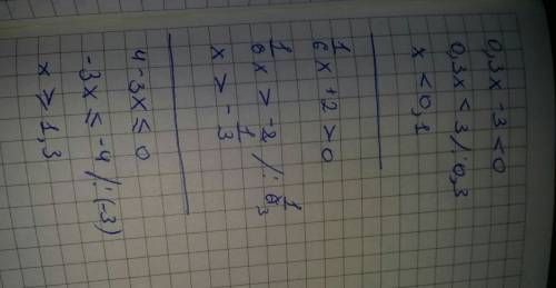 34 решить систему неравенств {0,3x-3 < 0, {1/6x +2 > 0 {4-3x ⩽ 0