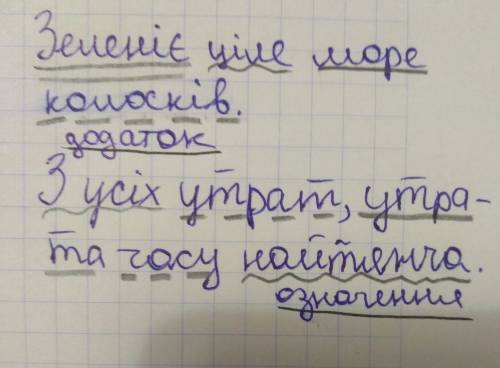 Виділені слова: обставина,додаток чи означення? зеленіє ціле море колосків.з усіх утрат утрата часу