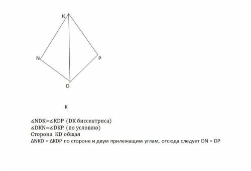 Решена ,, луч dk - биссектриса угла d. на сторонах угла d отмечены точки n и p так, что угол dkn = у