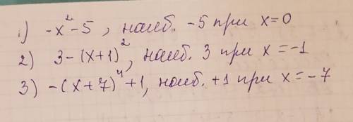 Какое наибольшее значение и при каком значении переменной принимает выражение: -х²-5; 3-(х+1)²; -(х+