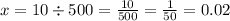 x = 10 \div 500 = \frac{10}{500} = \frac{1}{50} = 0.02