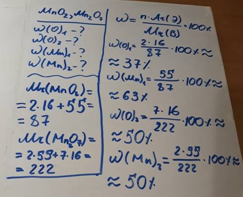 Вычеслите массовую долю(%)каждого элемента в соеденениях марганца (4) и марганца (7) с кислородом.