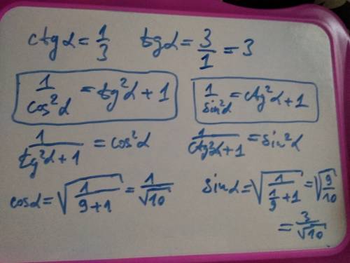 10 . решить 8 класс. для острого угла α найдите sinα , cosα и tgα , если ctga = 1/3.