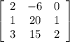 \left[\begin{array}{ccc}2&-6&0\\1&20&1\\3&15&2\end{array}\right]