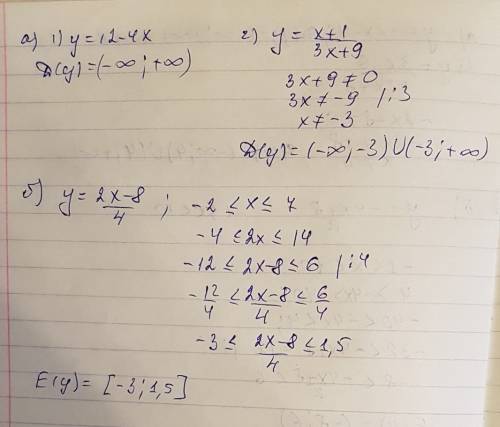 Найдите: а) область определения функции, заданной формулой 1) у = 12-4x 2) у = x+1/ 3x+9 б) область