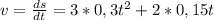 v = \frac{ds}{dt} = 3*0,3t^{2}+2*0,15t