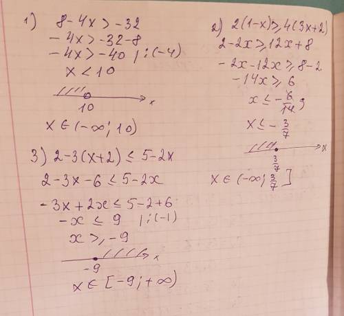 Решить на множестве r неравенство 1) 8-4x > –32 2) 2 (1-x) _> 4 (3x+2) 3) 2-3(x+2) < _ 5–2x