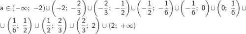 \sf a \in \left(- \infty; \ -2\right) \cup \left(-2; \ -\dfrac{2}{3}\right) \cup \left(-\dfrac{2}{3}; \ -\dfrac{1}{2}\right) \cup \left(-\dfrac{1}{2}; \ -\dfrac{1}{6}\right) \cup \left(-\dfrac{1}{6}; \ 0\right)\cup \left(0; \ \dfrac{1}{6}\right) \cup\\\cup\left(\dfrac{1}{6}; \ \dfrac{1}{2}\right)\cup\left(\dfrac{1}{2}; \ \dfrac{2}{3}\right)\cup\left(\dfrac{2}{3}; \ 2\right)\cup(2; \ + \infty)