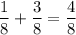 \displaystyle \frac{1}{8} +\frac{3}{8} = \frac{4}{8}