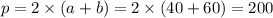 p = 2 \times (a + b) = 2 \times (40 + 60) = 200