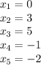 x_1=0\\x_2=3\\x_3=5\\x_4=-1\\x_5=-2