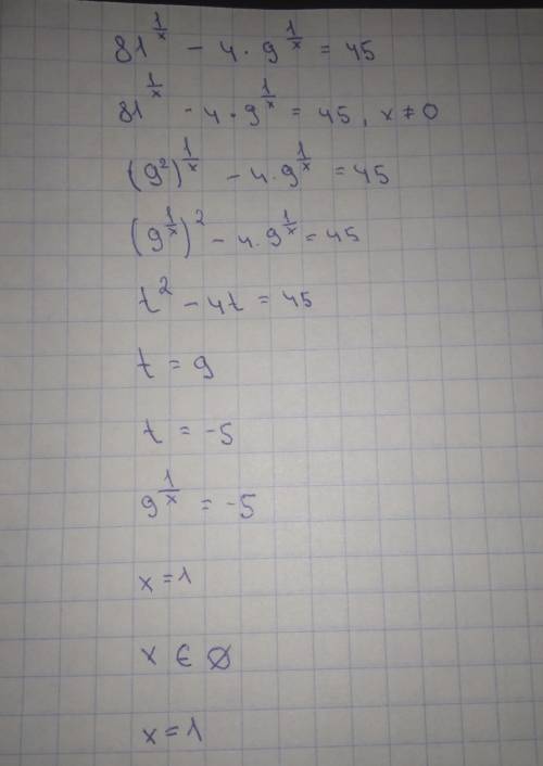 81 в степени 1/х - 4×9 в степени 1/х =45