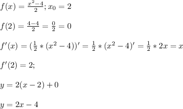 f(x) = \frac{x^2-4}{2}; x_0 = 2\\ \\ f(2) = \frac{4-4}{2} = \frac{0}{2} = 0 \\ \\ f'(x) = (\frac{1}{2} * (x^2-4))' = \frac{1}{2} * (x^2-4)' = \frac{1}{2} * 2x = x\\ \\ f'(2) = 2;\\ \\ y = 2(x-2)+0\\ \\ y = 2x-4