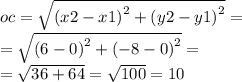 oc = \sqrt{ {(x2 - x1) }^{2} + {(y2 - y1)}^{2} } = \\ = \sqrt{ {(6 - 0)}^{2} + { (- 8 - 0)}^{2} } = \\ = \sqrt{36 + 64} = \sqrt{100} = 10