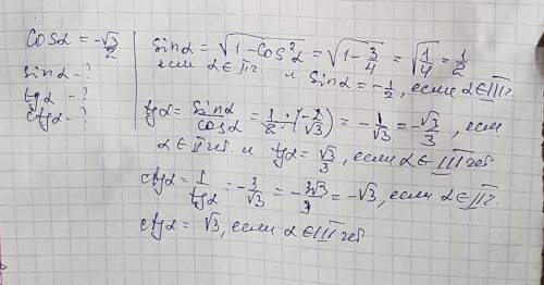 Дано cos альфа = - корень 3/2 найти sin альфа, tg альфа, ctg альфа