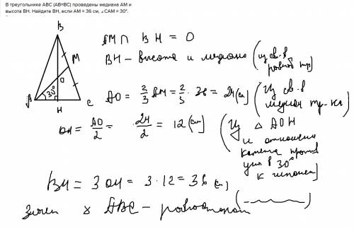 Втреугольнике abc (ab=bc) проведены медиана am и высота bh. найдите bh, если am = 36 см, ∠cam = 30°.