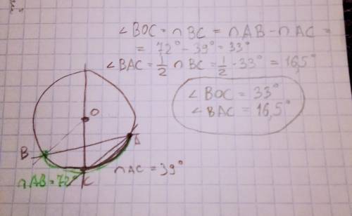 Угловая мера дуги ав равна 72о, а дуги ас – 39о, при этом точки а и в лежат в разных полуплоскостях