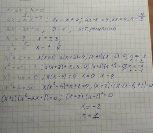 X=3x, 2x=1/2x+2, 3x=3x+4, x^2=9, x^2=1/16, x^2=6-x0, x^2+4x=-3, x^2-4x=0, x^3+2=3x