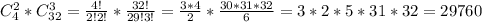 C^2_4*C^3_{32} = \frac{4!}{2!2!}*\frac{32!}{29!3!}=\frac{3*4}{2}*\frac{30*31*32}{6}=3*2*5*31*32=29760