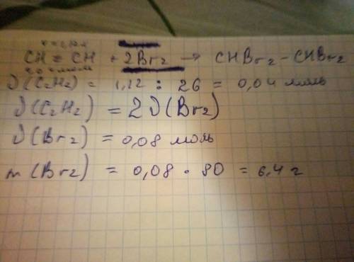 Рассчитайте массу брома, который сможет прореагировать с 1,12 л ацетилена (н.