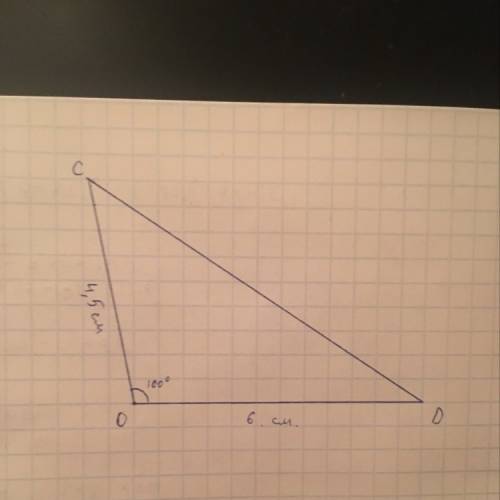 Построить треугольник cod , где 0=100градусов, ос - 4,5 см, од - 6 см 19