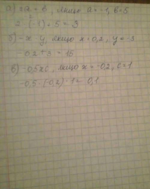 161. обчисліть значення одночлена: а) 2а+б, якщо a=-1, b = 5; б) —x-у, якщо =0,2, y=-3: в) -0,5хс, я