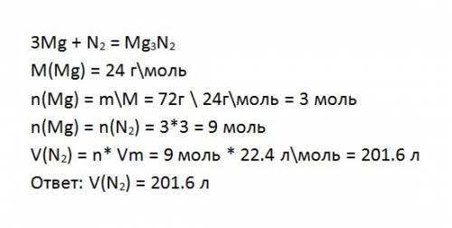 Нужен ответ,! какой объём азота (н.у.) необходим для соединения с 72г магния?