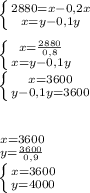 \left \{{{2880=x-0,2x}\atop {x=y-0,1y}} \right. \\\\\left \{ {{x=\frac{2880}{0,8} } \atop {x=y-0,1y}} \right. \\\left \{ {{x=3600} \atop {y-0,1y=3600}} \right. \\\\\\{ {{x=3600} \atop {y=\frac{3600}{0,9} }} \right. \\\left \{ {{x=3600} \atop {y=4000}} \right.