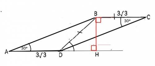 Впараллелограмме abcd угол bad=30 градусов,bd=bc= 3√3 см.найдите площадь пераллелограмма