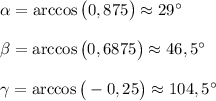 \alpha =\arccos\big(0,875\big)\approx29\textdegree\\\\\beta =\arccos\big(0,6875\big)\approx46,5\textdegree\\\\\gamma =\arccos\big(-0,25\big)\approx104,5\textdegree