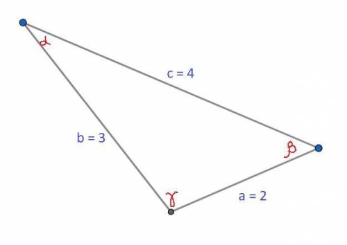 Даны три стороны треугольника. найдите его углы если: a=2, b=3, c=4