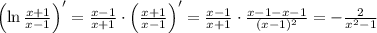 \left(\ln\frac{x+1}{x-1}\right)'=\frac{x-1}{x+1}\cdot\left(\frac{x+1}{x-1}\right)'=\frac{x-1}{x+1}\cdot\frac{x-1-x-1}{(x-1)^2}=-\frac{2}{x^2-1}