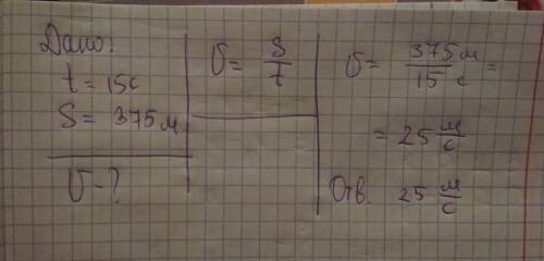 Автомобиль за 15 секунд проехал 375 метров. вычислите скорость автомобиля.