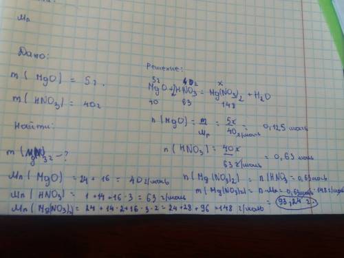 Определите массу соли образовавшейся при взаимодействии 5 г оксида магния с 40 г азотной кислоты
