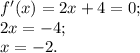 f'(x)=2x+4=0;\\2x=-4;\\x=-2.