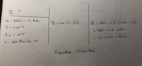 Какое количество теплоты необходимо, чтобы нагреть 800 г алюминия от 30°c до 430°c c=980дж/кг°c зара