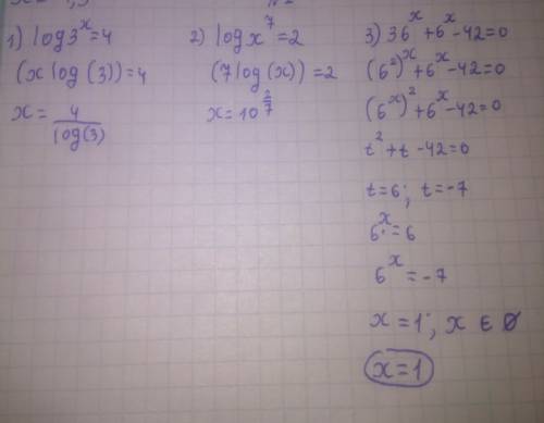 Решить логарифмы: 1) log3^x=4 2)logx^7=2 3)36^x+6^x-42=0