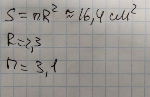 Найдите площадь круга, если его радиус 2,3 см (число пи округлите до десятых)