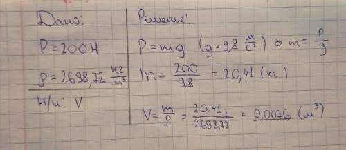 P=200н тело состоит из алюминия, найти объем