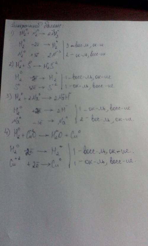 Записать электронный : 1)3h2 + n2 = 2nh3 2)h2 + s = h2s 3)h2 + 2na = 2nah 4)h2 + cuo = h2o + cu