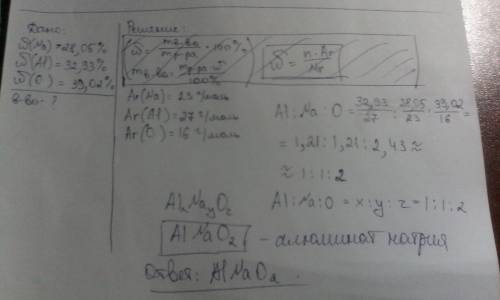 Выведите формулу вещества, содержащего 28,05% натрия, 32,93% алюминия и 39,02% кислорода. , с поясне