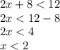 2x + 8 < 12 \\ 2x < 12 - 8 \\ 2x < 4 \\ x < 2 \\