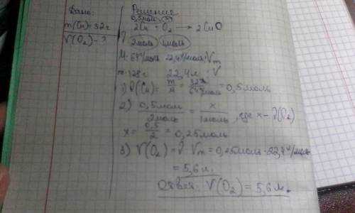 Рассчитайте объем кислорода необходимого для реакции с 32 грамм меди по реакции: 2cu + o2 = 2cuo нуж