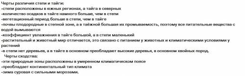 (тайги и степи) составьте характеристику двух природных зон по плану : 1) особенности положения 2) о